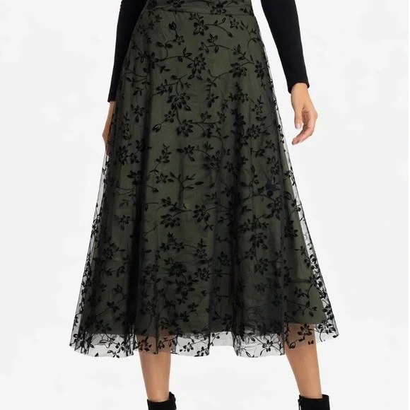 Olive Green Mesh Overlay Skirt Floral Velvet Burnout Midi A-Line Women’s M - Picture 1 of 11